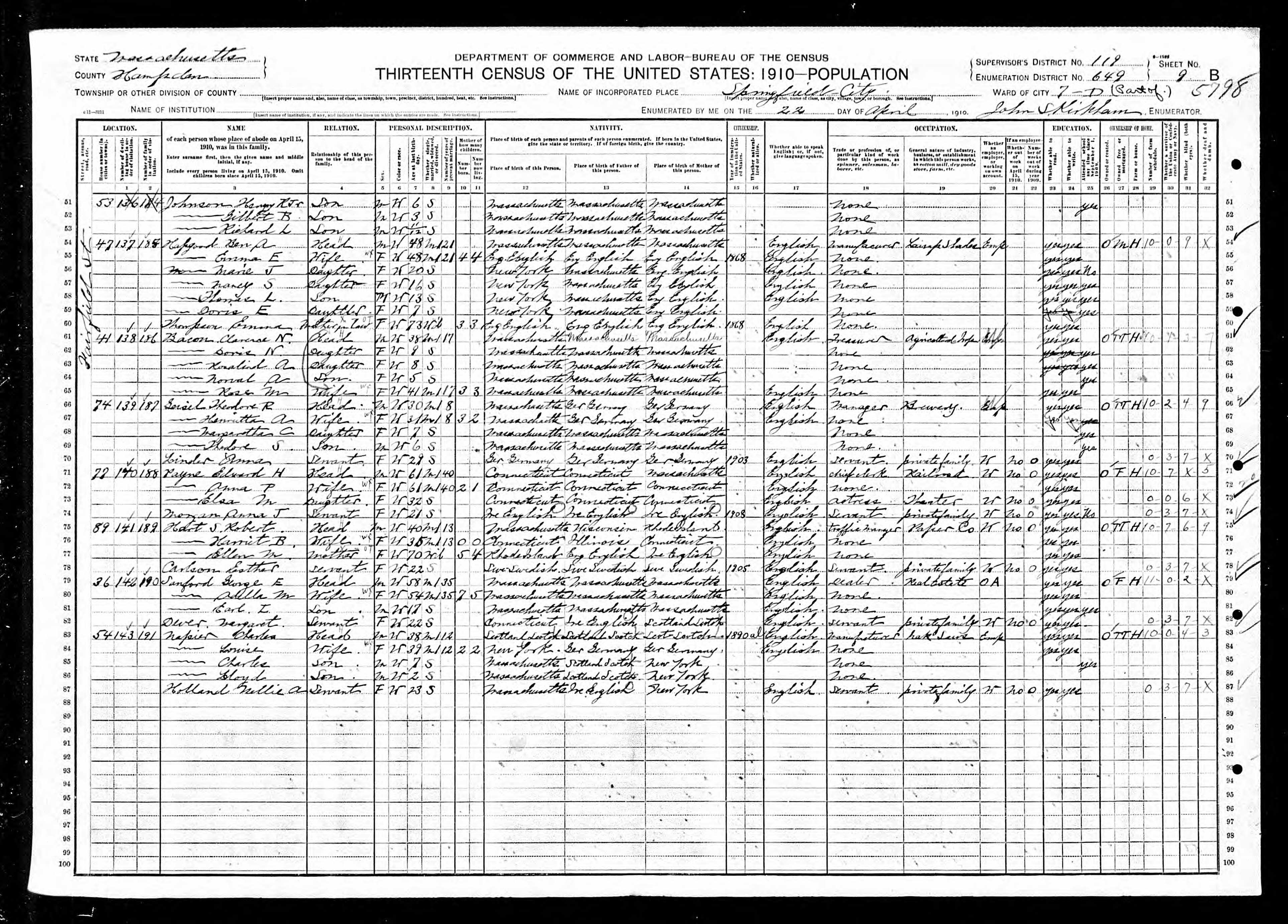 Black and white scan of handwritten 1910 census record.