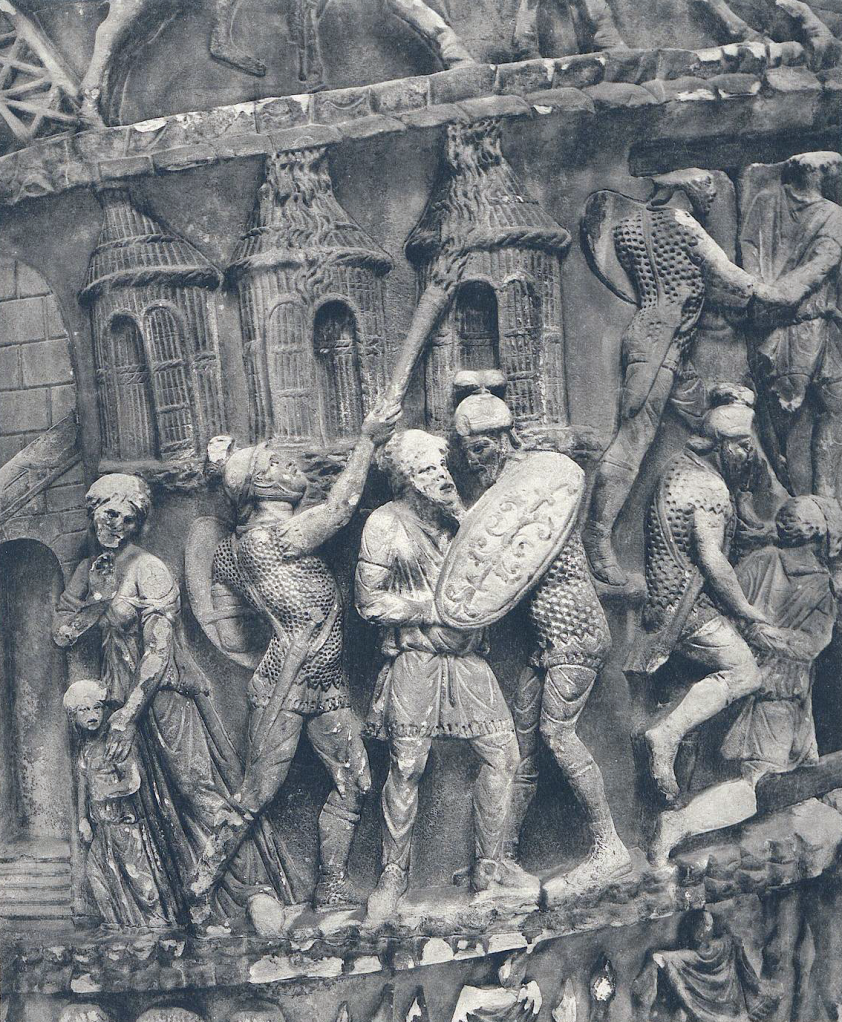 Close up image of stone engravings on the Column of Marcus Aurelius