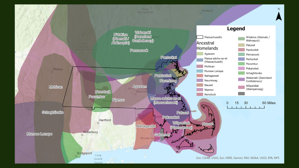 A colored map showing ancestral homelands of people Indigenous to New England, focusing on Massachusetts. The colors correspond to different nations such as the Nonotuck, Pocomtuc, and Nipmuc.